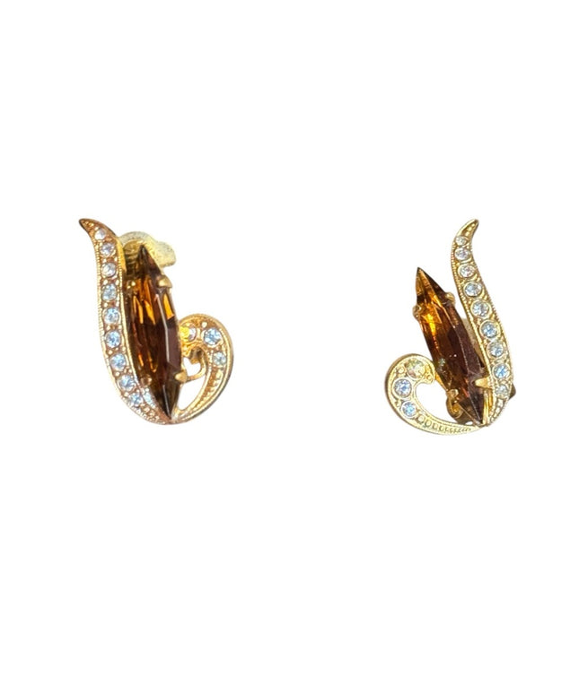 Vintege gold Elegant Amber crystal clip on Earrings