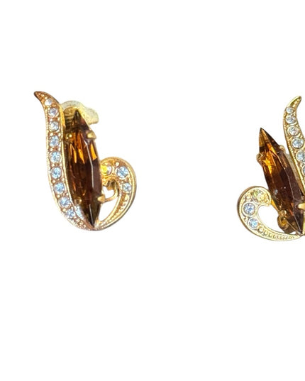 Vintege gold Elegant Amber crystal clip on Earrings
