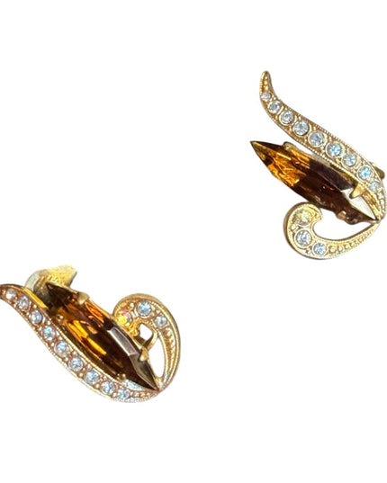 Vintege gold Elegant Amber crystal clip on Earrings