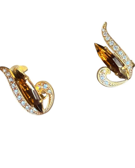 Vintege gold Elegant Amber crystal clip on Earrings