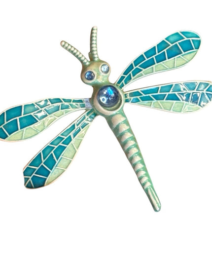 Vintage Germany Enamel Metal Mosaic texture Dragonfly Brooch Blue and Green