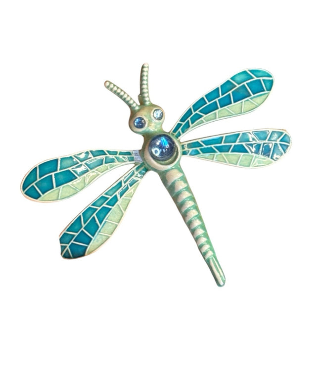 Vintage Germany Enamel Metal Mosaic texture Dragonfly Brooch Blue and Green