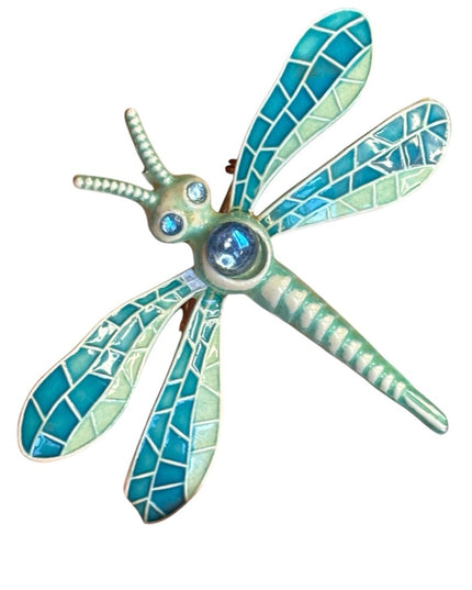 Vintage Germany Enamel Metal Mosaic texture Dragonfly Brooch Blue and Green