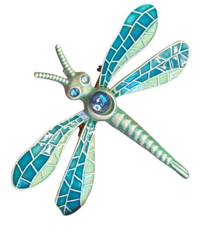 Vintage Germany Enamel Metal Mosaic texture Dragonfly Brooch Blue and Green