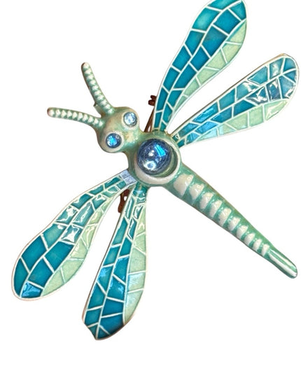 Vintage Germany Enamel Metal Mosaic texture Dragonfly Brooch Blue and Green