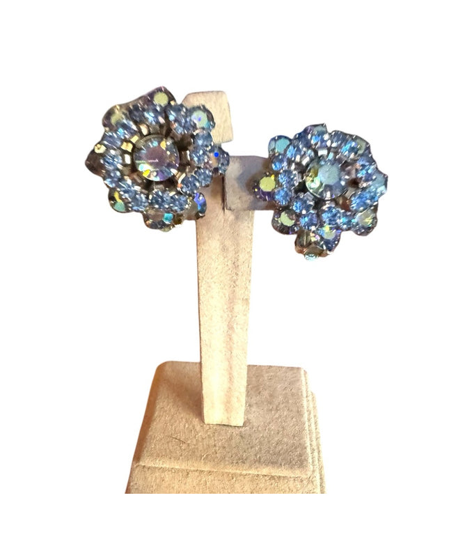 Stunning Vintage Blue AB Aurora Borealis Crystal Flower Earrings Weiss clip on