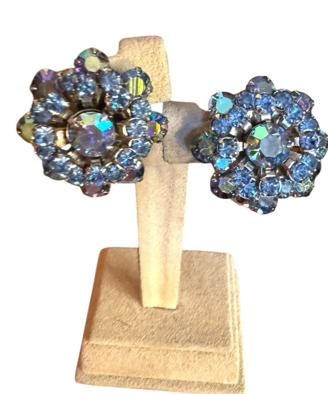 Stunning Vintage Blue AB Aurora Borealis Crystal Flower Earrings Weiss clip on