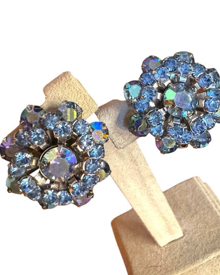 Stunning Vintage Blue AB Aurora Borealis Crystal Flower Earrings Weiss clip on
