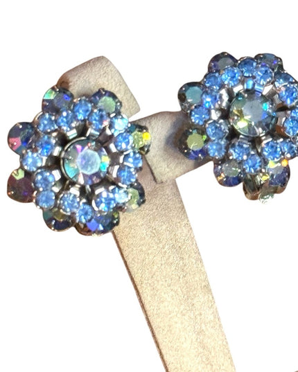 Stunning Vintage Blue AB Aurora Borealis Crystal Flower Earrings Weiss clip on