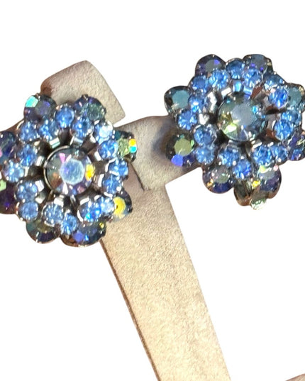 Stunning Vintage Blue AB Aurora Borealis Crystal Flower Earrings Weiss clip on
