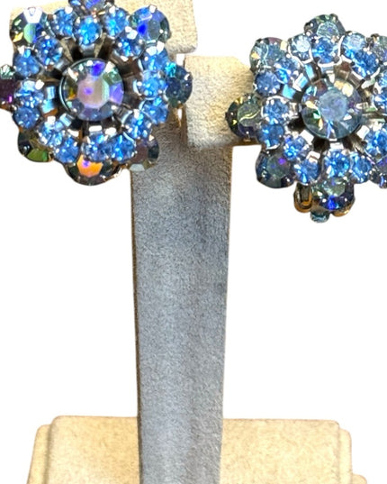 Stunning Vintage Blue AB Aurora Borealis Crystal Flower Earrings Weiss clip on