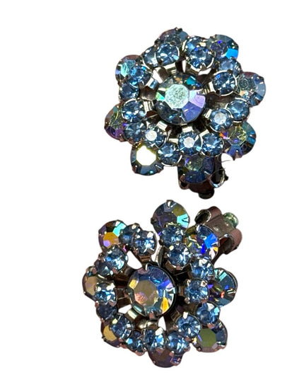 Stunning Vintage Blue AB Aurora Borealis Crystal Flower Earrings Weiss clip on