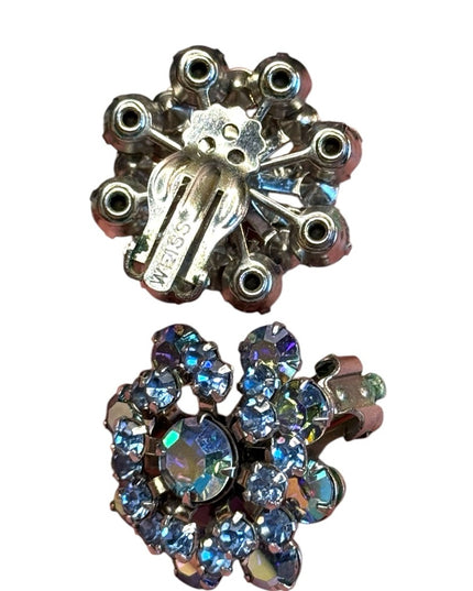 Stunning Vintage Blue AB Aurora Borealis Crystal Flower Earrings Weiss clip on