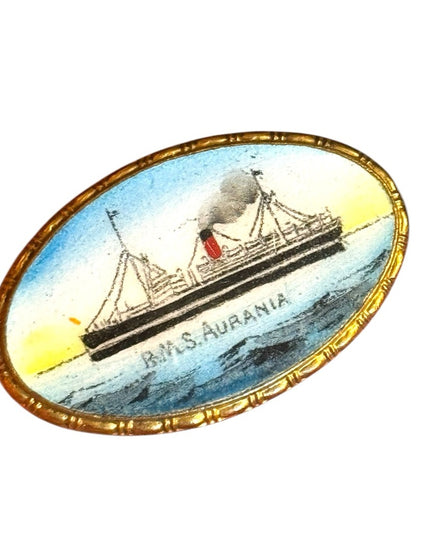 Vintage B.M.S. Aurania Ship Brooch CUNARD LINE  RARE GILT HAND PAINTED ENAMEL