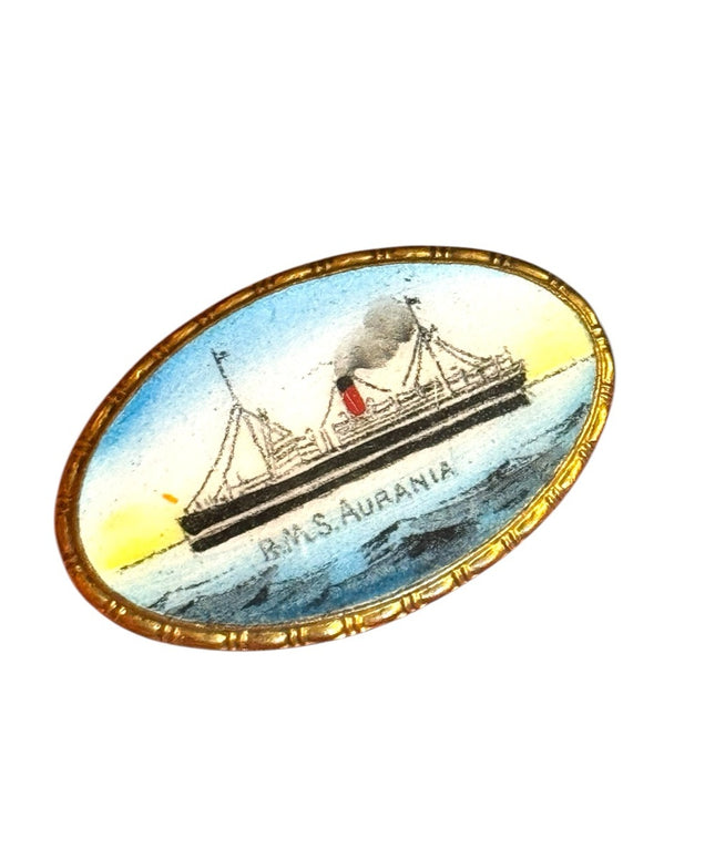 Vintage B.M.S. Aurania Ship Brooch CUNARD LINE  RARE GILT HAND PAINTED ENAMEL