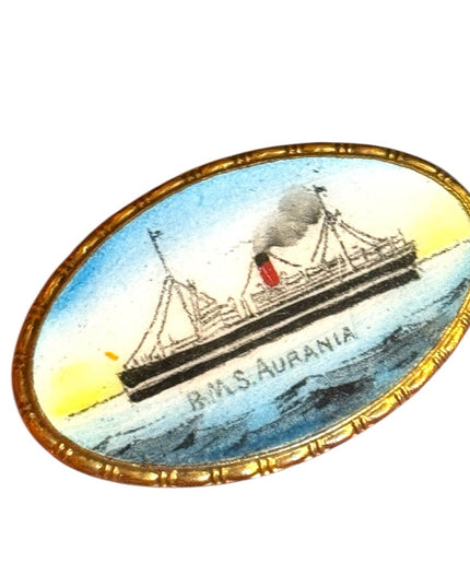 Vintage B.M.S. Aurania Ship Brooch CUNARD LINE  RARE GILT HAND PAINTED ENAMEL