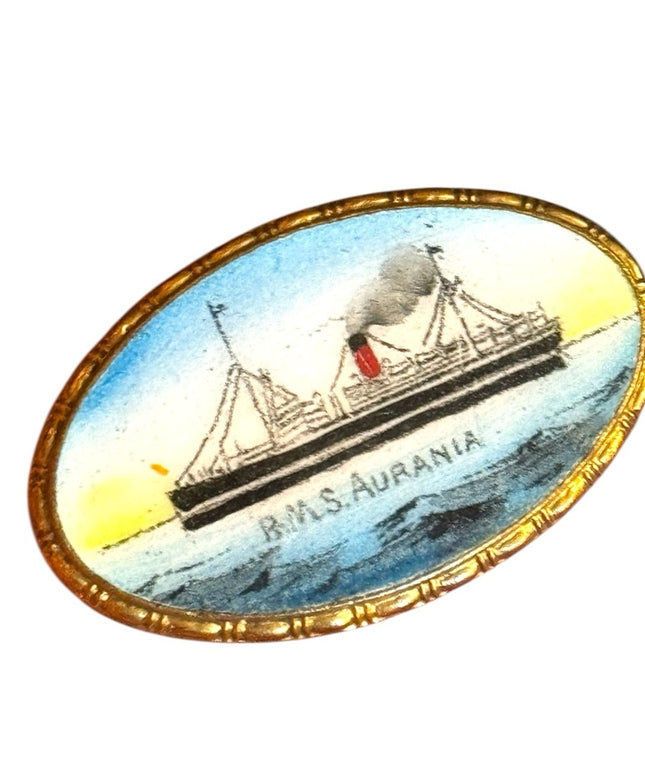 Vintage B.M.S. Aurania Ship Brooch CUNARD LINE  RARE GILT HAND PAINTED ENAMEL