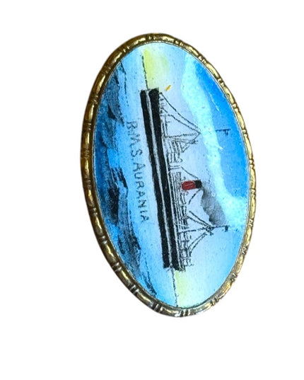 Vintage B.M.S. Aurania Ship Brooch CUNARD LINE  RARE GILT HAND PAINTED ENAMEL