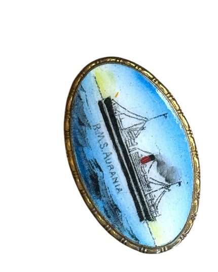 Vintage B.M.S. Aurania Ship Brooch CUNARD LINE  RARE GILT HAND PAINTED ENAMEL