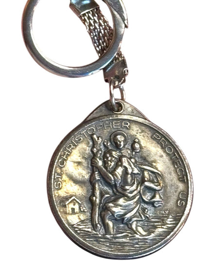 Vintage silver St. Christopher Protect Us Keychain Catholic Religious