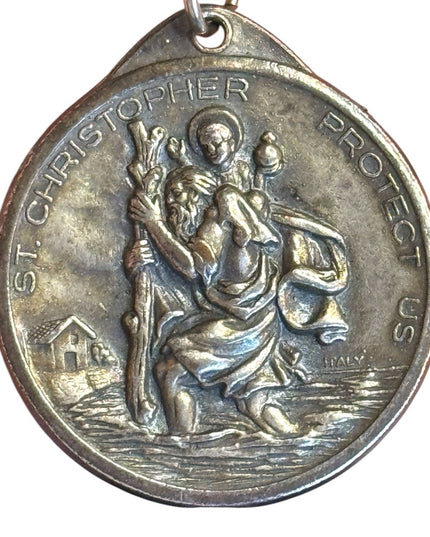 Vintage silver St. Christopher Protect Us Keychain Catholic Religious