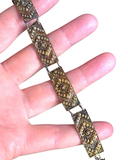 Antique Art Deco Filagree gold wash 800 Silver Geometric link Bracelet