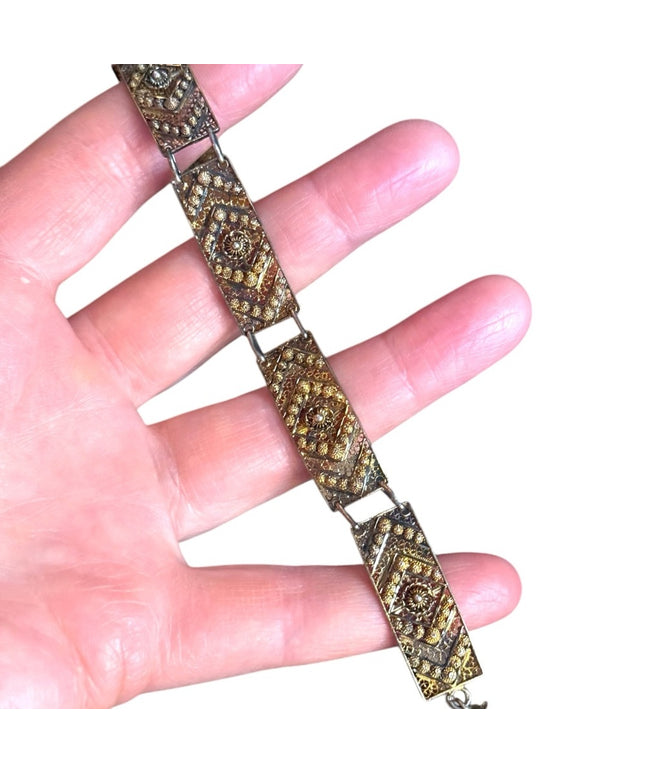 Antique Art Deco Filagree gold wash 800 Silver Geometric link Bracelet