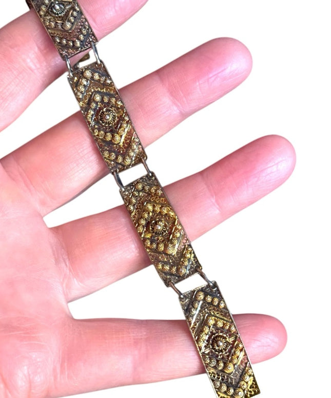 Antique Art Deco Filagree gold wash 800 Silver Geometric link Bracelet