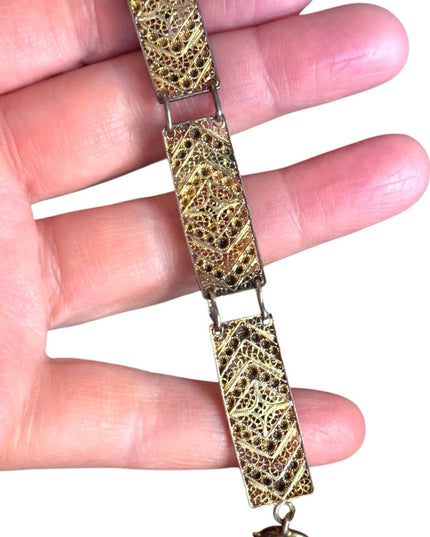 Antique Art Deco Filagree gold wash 800 Silver Geometric link Bracelet