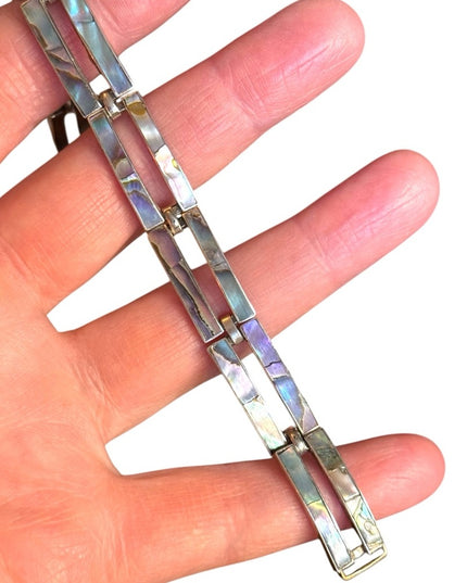 TAXCO MEXICO VINTAGE ABALONE INLAY STERLING SILVER MODERNIST 7" PANEL BRACELET