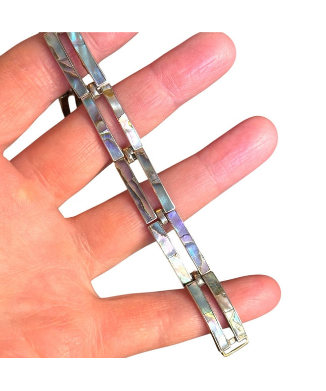 TAXCO MEXICO VINTAGE ABALONE INLAY STERLING SILVER MODERNIST 7" PANEL BRACELET