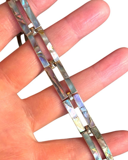 TAXCO MEXICO VINTAGE ABALONE INLAY STERLING SILVER MODERNIST 7" PANEL BRACELET
