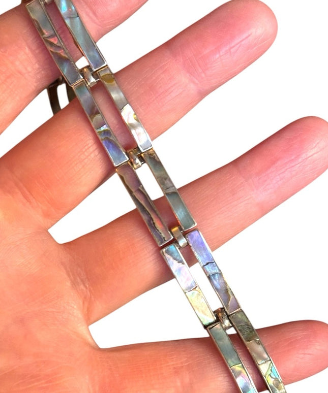 TAXCO MEXICO VINTAGE ABALONE INLAY STERLING SILVER MODERNIST 7" PANEL BRACELET