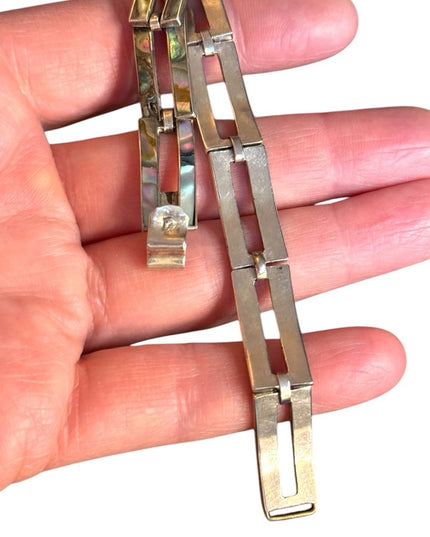 TAXCO MEXICO VINTAGE ABALONE INLAY STERLING SILVER MODERNIST 7" PANEL BRACELET