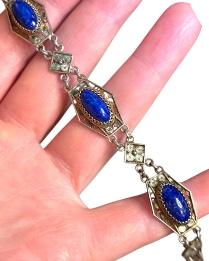Elegant Antique Cantille Filagree Blue Lapis Stone Bracelet 800 Silver link