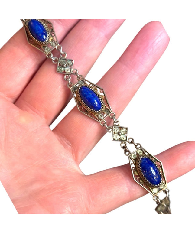 Elegant Antique Cantille Filagree Blue Lapis Stone Bracelet 800 Silver link