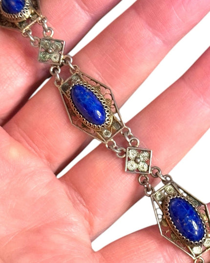 Elegant Antique Cantille Filagree Blue Lapis Stone Bracelet 800 Silver link