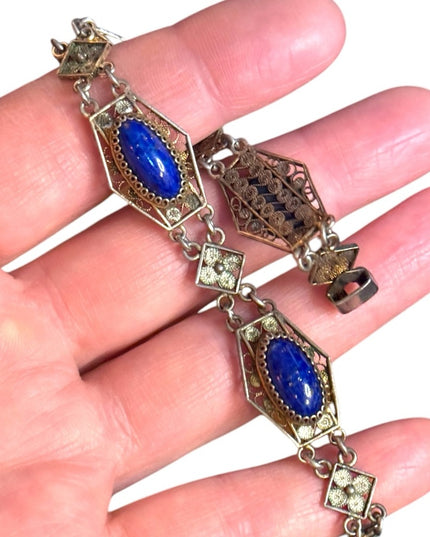 Elegant Antique Cantille Filagree Blue Lapis Stone Bracelet 800 Silver link