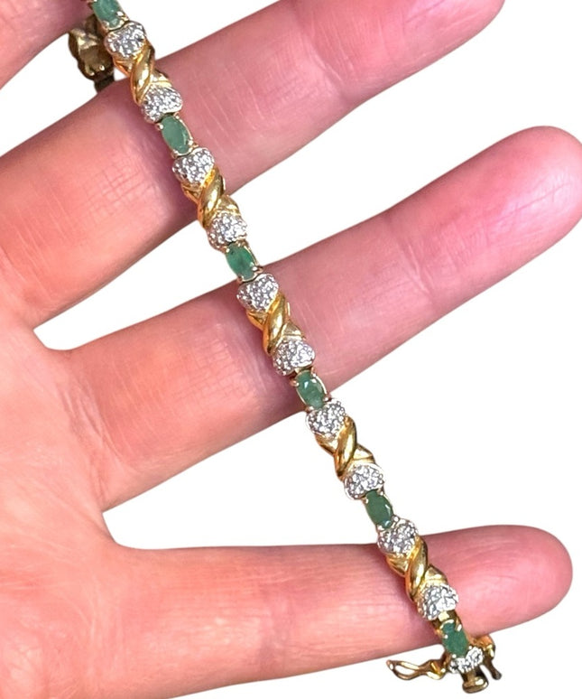 Elegant Real Emerald Stone Gold Plt Sterling Silver Tennis Bracelet