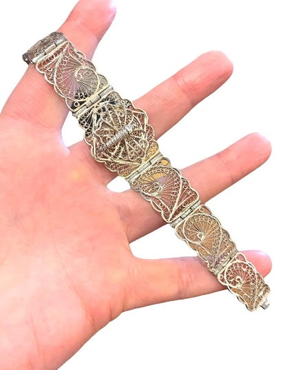 Antique Victorian Silver tone butterfly wire work filagree bracelet