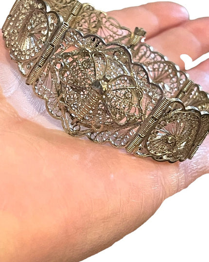 Antique Victorian Silver tone butterfly wire work filagree bracelet