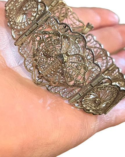 Antique Victorian Silver tone butterfly wire work filagree bracelet