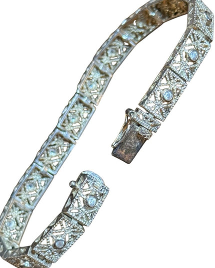 Elegant Vintage 925 Sterling Silver filagree CZ link Bracelet