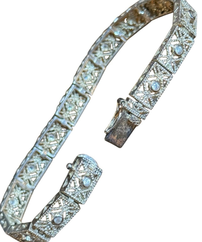 Elegant Vintage 925 Sterling Silver filagree CZ link Bracelet