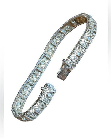 Elegant Vintage 925 Sterling Silver filagree CZ link Bracelet
