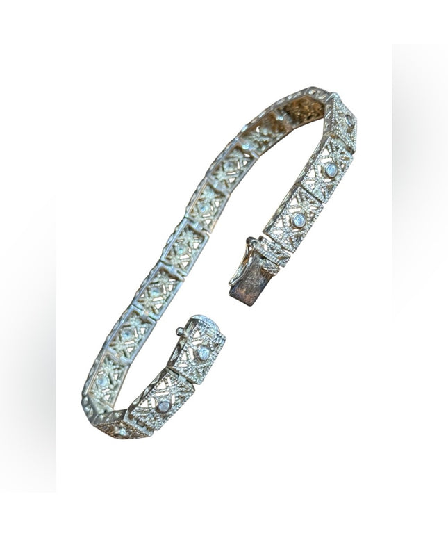 Elegant Vintage 925 Sterling Silver filagree CZ link Bracelet
