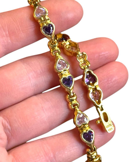 Stunning Gold plt sterling silver 925 Purple & pink Heart CZ Bracelet
