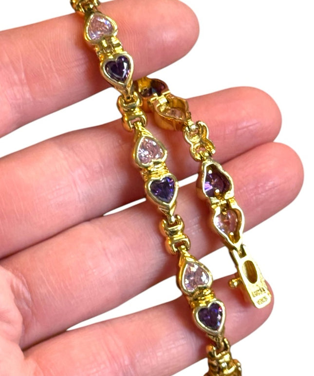 Stunning Gold plt sterling silver 925 Purple & pink Heart CZ Bracelet
