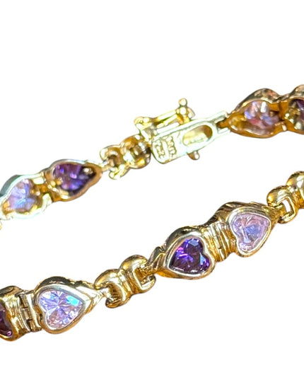 Stunning Gold plt sterling silver 925 Purple & pink Heart CZ Bracelet
