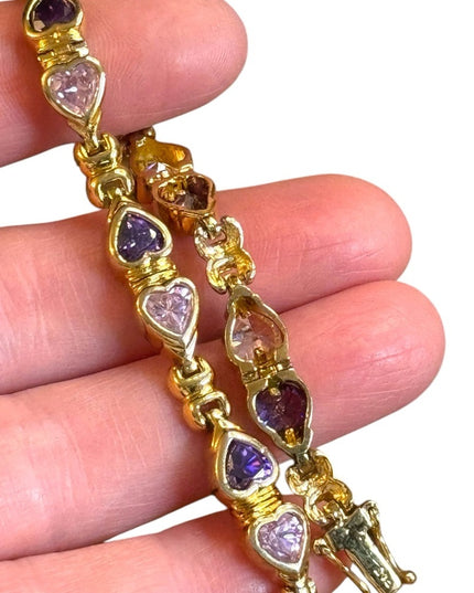 Stunning Gold plt sterling silver 925 Purple & pink Heart CZ Bracelet